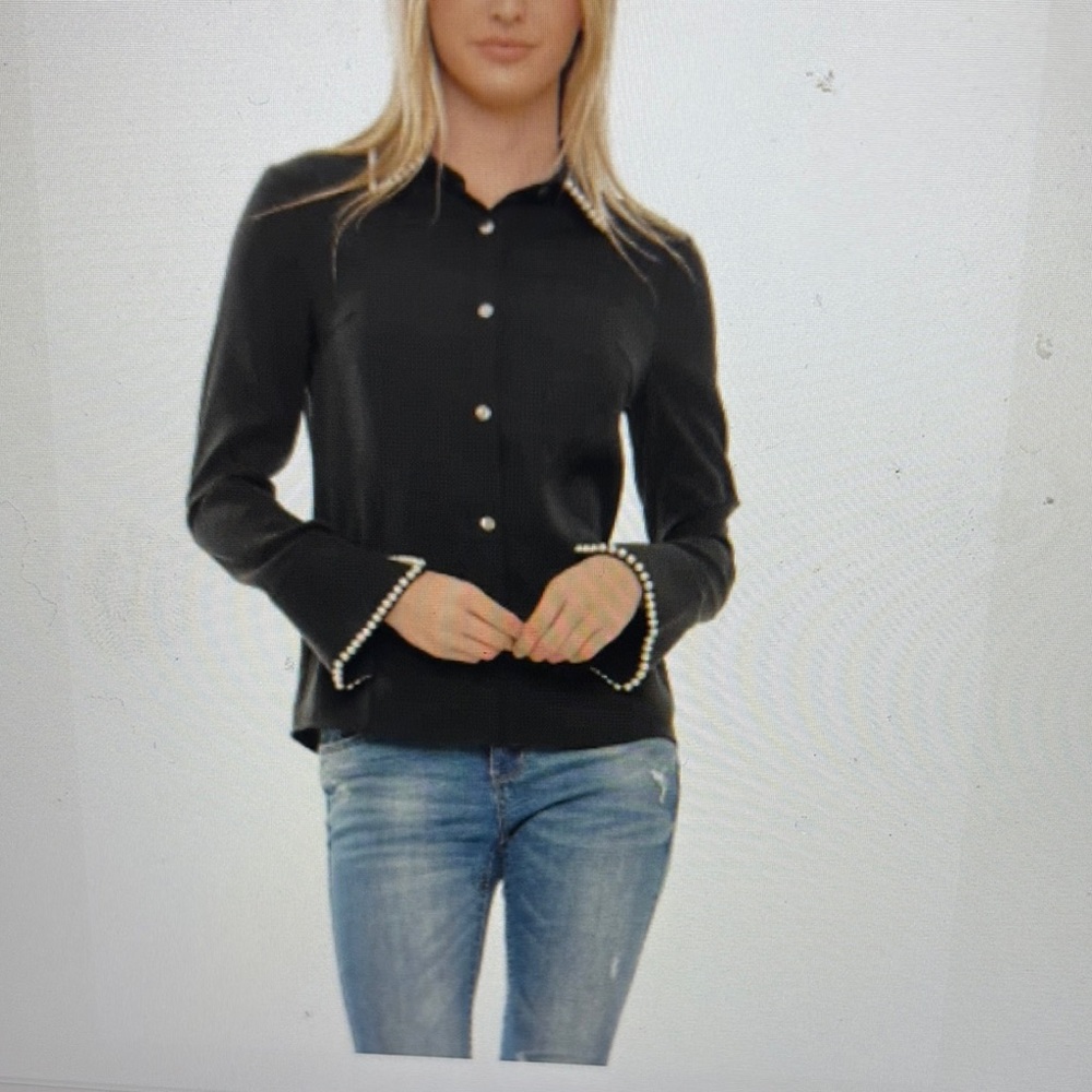 Elegant Black Button Down Shirt with Pearl Accents. Embroidered Trim Long Sleeve